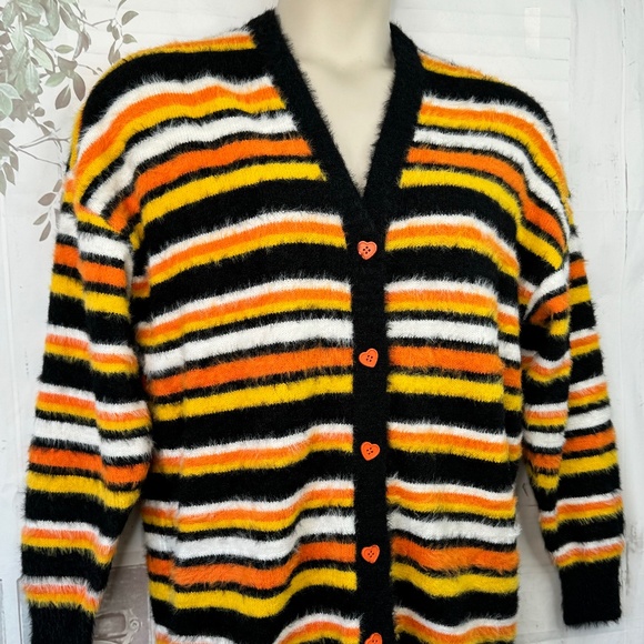 Sweet Society Womens Striped Black Orange Candy Corn Eyelash Sweater Sz. S M - Picture 3 of 11